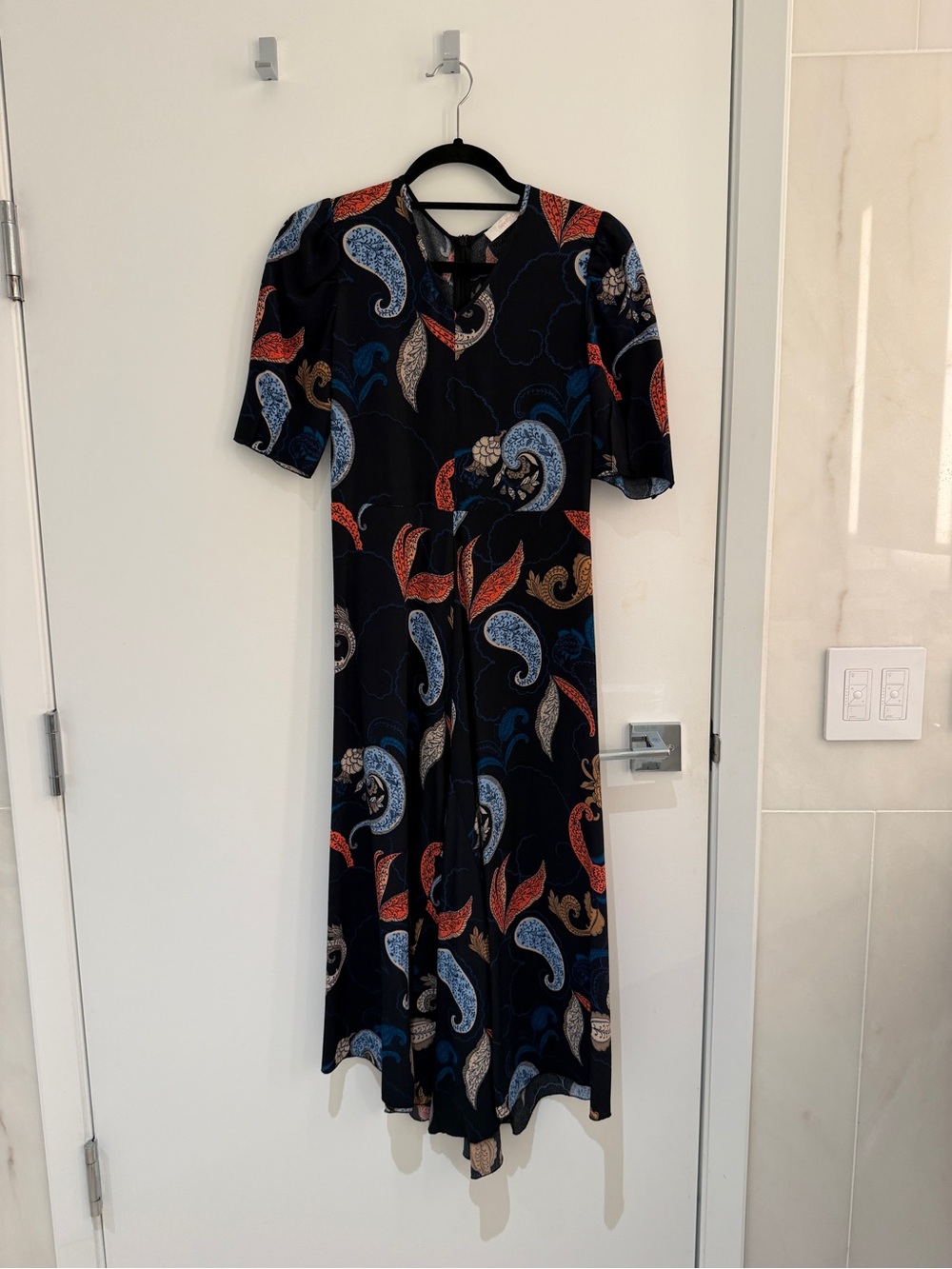 See By Chloé Black Paisley Midi Dress with Blue and Red Accents